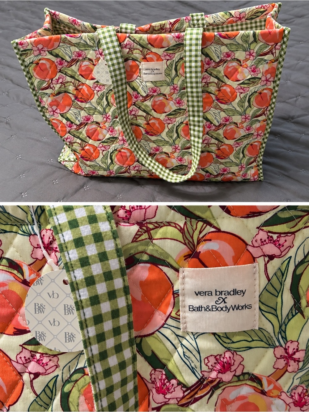 Vera Bradley Peach Floral Quilted Tote with Green Gingham Trim